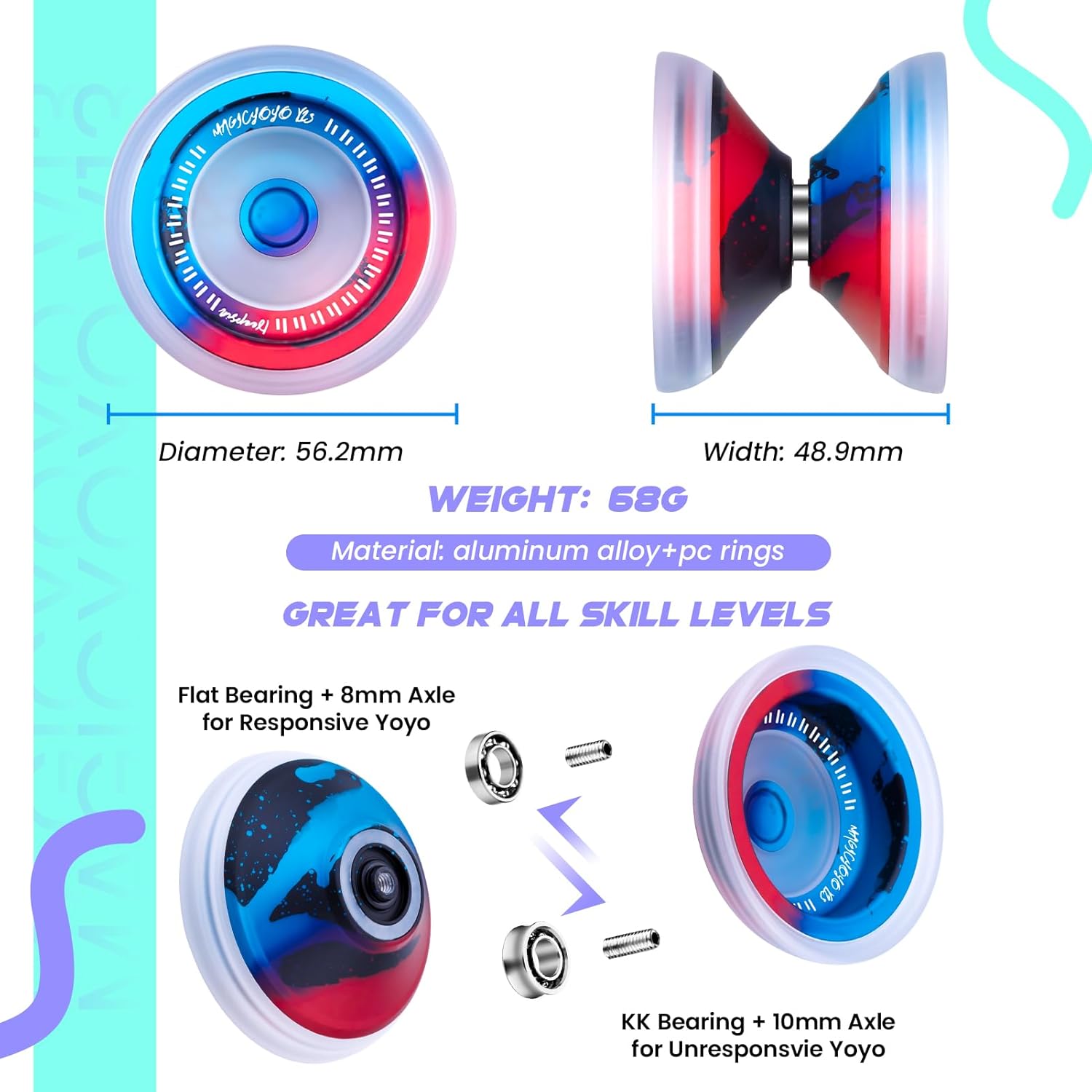 MAGICYOYO V13 Professional Yoyo for Kids 8-12 and Adults, Bi-Material Dual Yoyo for All Skill Levels, Trick Yo yo with 12 Yo-yo Strings, Finger Brace, Bearing Kit (Black Blue Red)