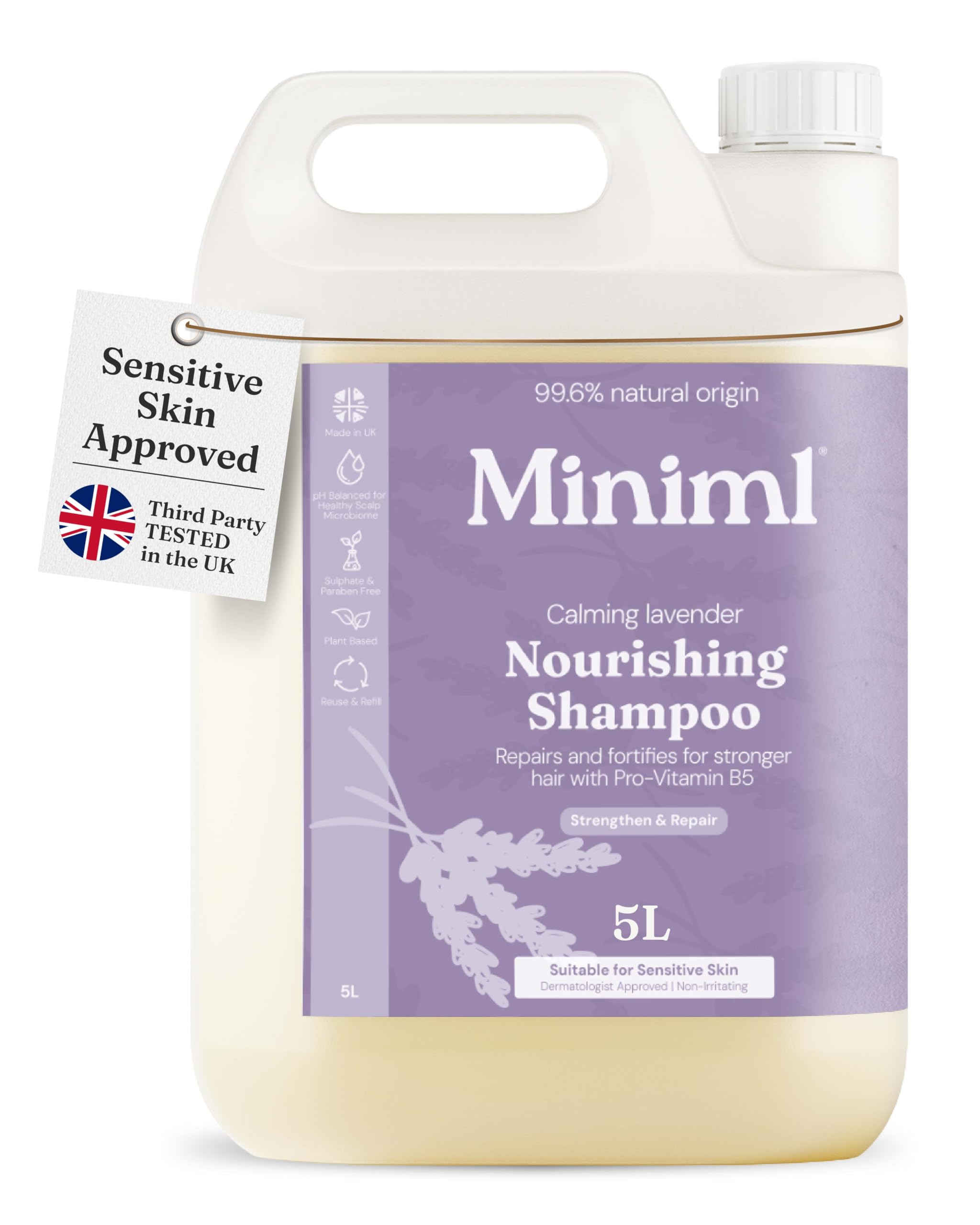 Miniml Natural Eco Hair Shampoo - Nourish and Repair – 5L Refill Lavender and Chamomile - for Dry, Damaged Hair with Pro-Vitamin B5 - Sulphate & Paraben Free, Vegan & Cruelty Free
