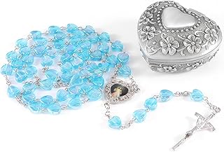 WHLHMK Rosary Beads Catholic for Girls With Rosary Box, Blue Crystal Heart Shaped Beads Rosary Necklace with Heart Shaped Vintage Jewelry Box, Anglican Prayer Beads Christian Gifts for Women
