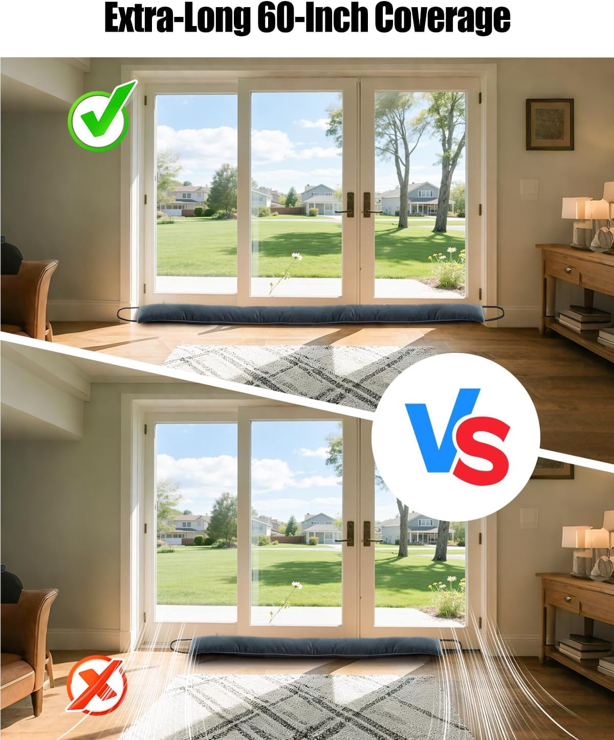 60-Inch Airflow Blocker Door Draft Stopper, Heavy Weighted Under Door Draft Blocker for Doors and Windows, Noise Wind Stopper for Home Balcony Office
