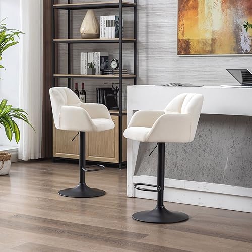 Miniatura 7 de Juego de 2 taburetes de bar giratorios de terciopelo, sillas tapizadas, taburetes de bar ajustables con respaldo, taburetes de bar beige