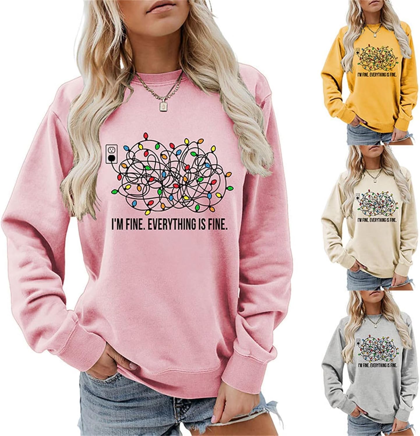 Christmas Funny Women Sweatshirt I'm Fine Everything is Fine Shirt Messy Xmas Lights Graphic Sarcastic Top