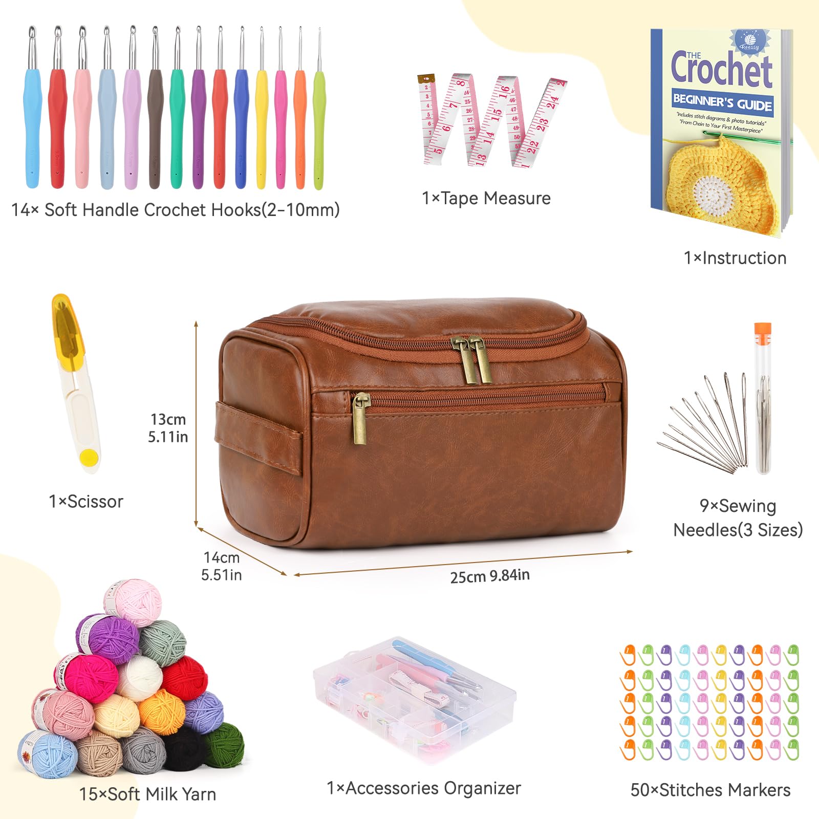 Reessy 93Pcs Crochet Kits for Beginners Adults Complete Crochet Kit with Instruction 15Pcs × 25g Crochet Yarn Ergonomic Metal Crochet Hooks Set 2.0-10.0mm Storage Bag - Image 3
