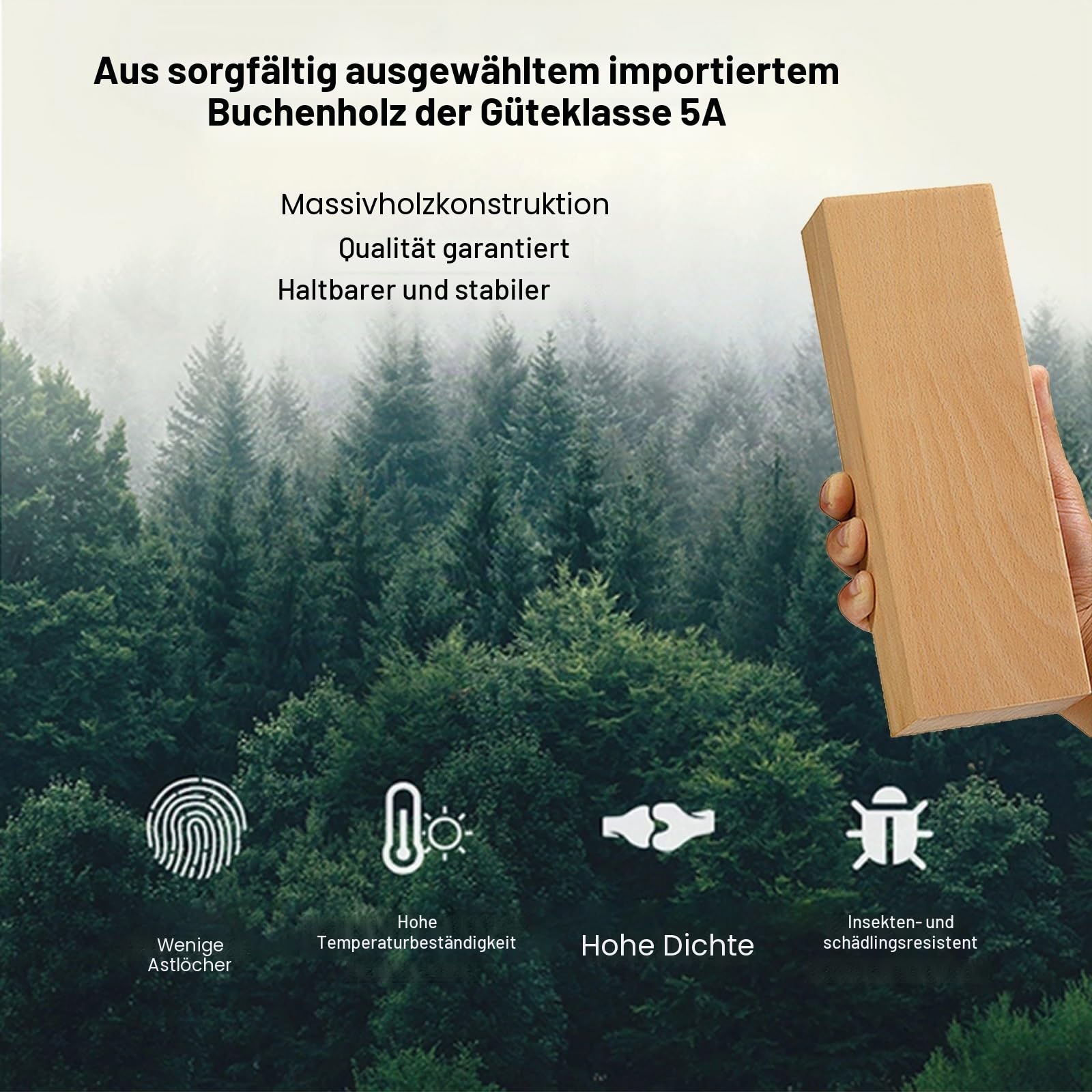 Gardinenstange Holz, Vorhangstange Holz Natur, Umweltfreundlich und Geräuscharm, Buchenholz Material, Für Wohnzimmer, Schlafzimmer, Küchen und Esszimmer(220 cm (3 Brackets))