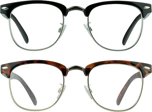 proSPORT Gafas de lectura con montura de cuerno, vintage, clásicas, semi sin montura para hombres y mujeres, 2 pares combinados