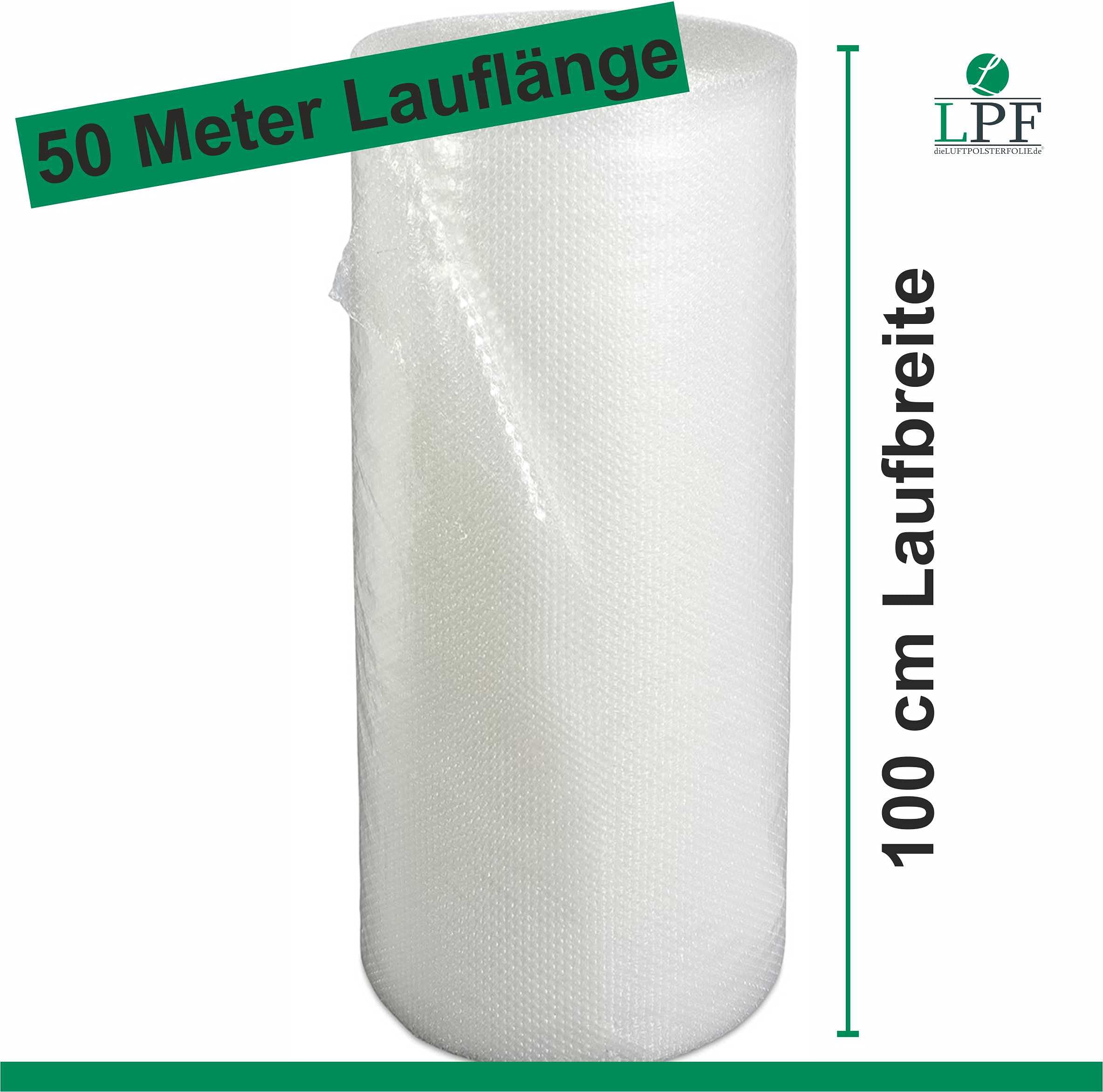 LPF dieLUFTPOLSTERFOLIE Luftpolsterfolie 100cm x 50m Verpackungsfolie Blisterfolie Noppenfolie Polsterfolie Umzug 1m Knallfolie Polstermaterial Versand Transparent Umzugfolie bubble wrap