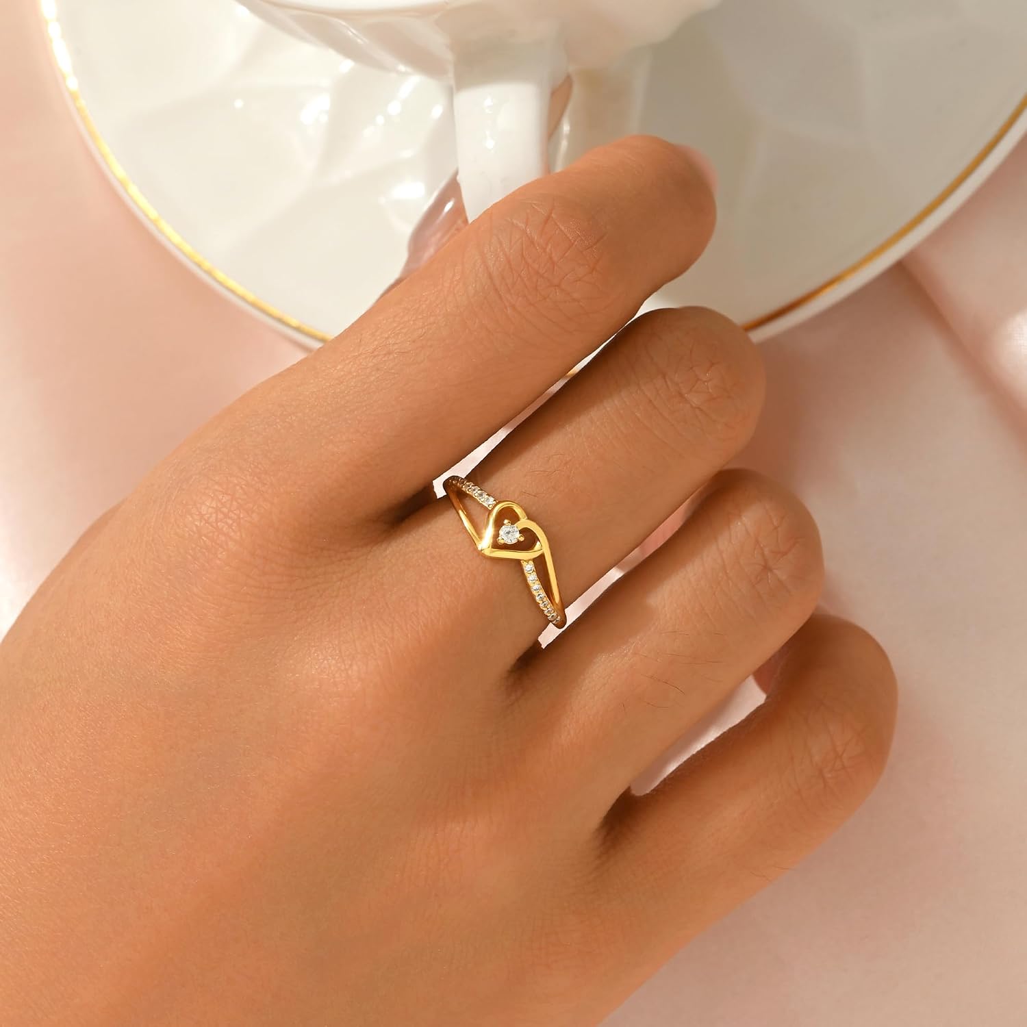 Infinity Heart Ring for Women, 925 Sterling Silver Dainty Cubic Zirconia Eternal Love Heart Promise Ring to Mother Daughter 14K Gold Plated Crystal Engagement Rings Wedding Birthday Jewelry Gift