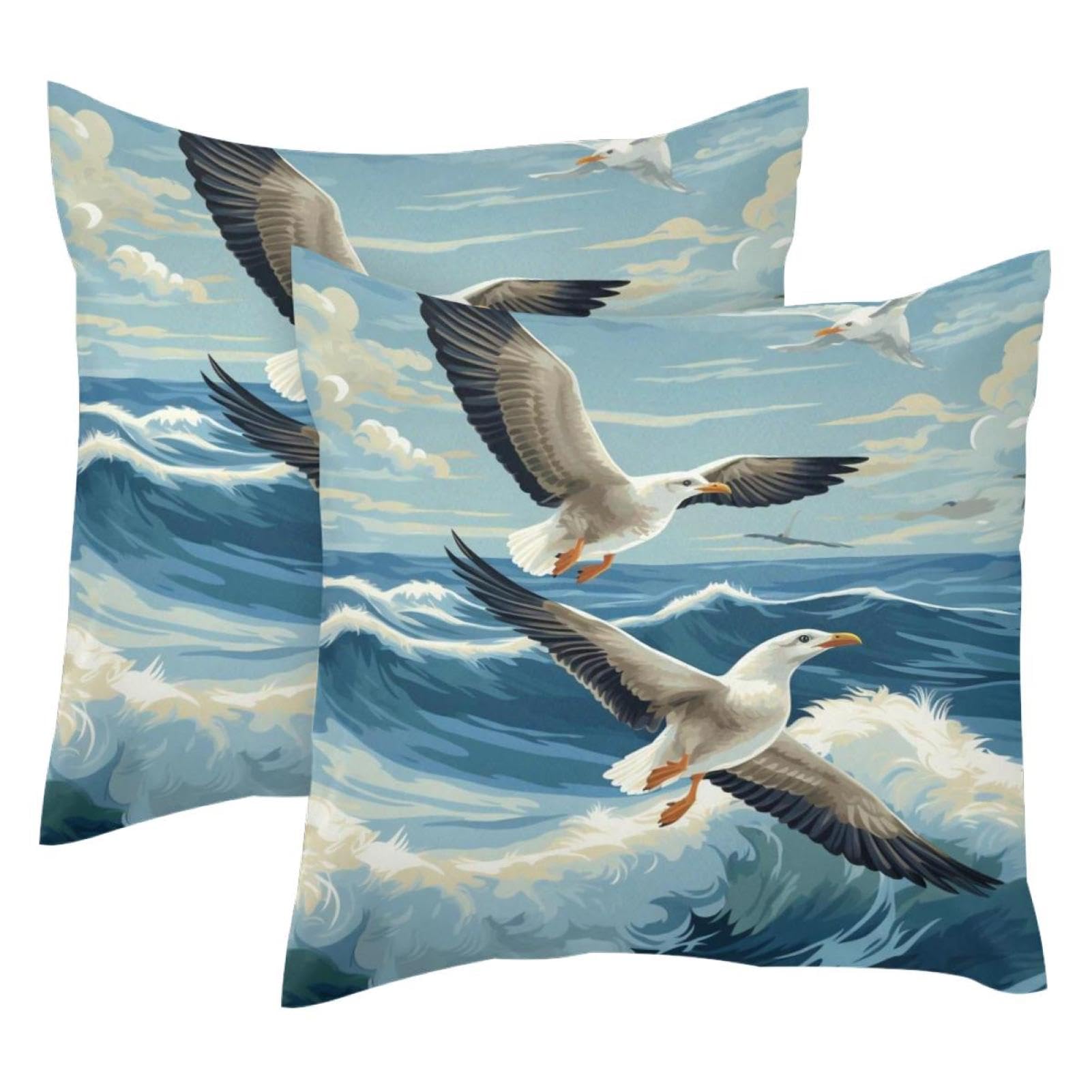 Housse de coussin velours côtelé mer motif mouette et vagues fermeture invisible