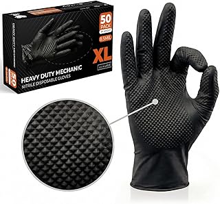 Nitrilhandschuhe, Größe XL, 50 Stück, Extra Stark Mechaniker Einweghandschuhe, Diamanttextur, Latexfrei & Puderfrei, Ideal für Kfz, Werkstatt & Industriearbeiten (Schwarz – 50, XL)