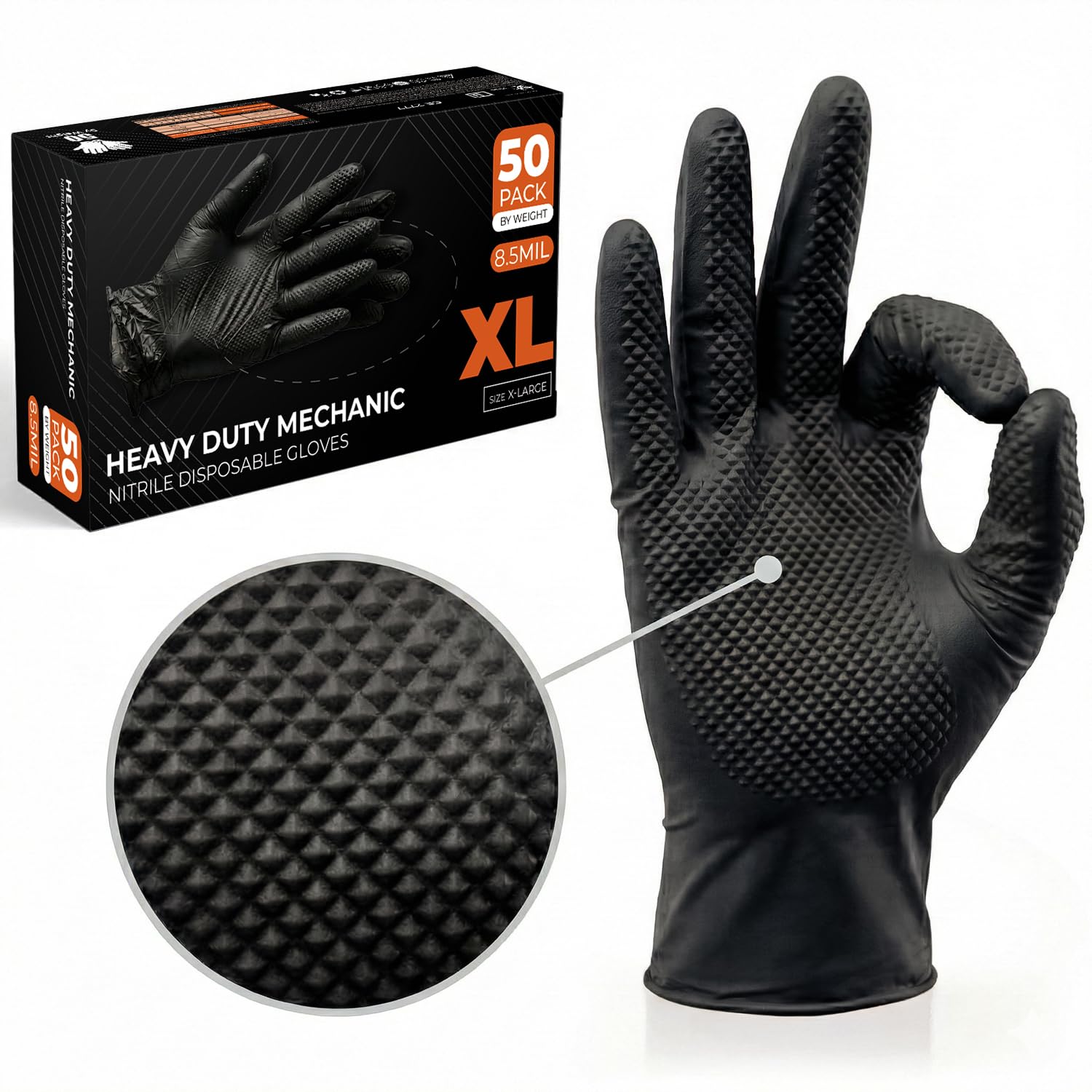 The Real Touch Nitrile Gloves, 50 Count, Heavy-Duty Disposable Mechanic Gloves, Diamond Textured, Latex & Powder-Free, Non-Slip, Extra Thick, Ideal for Automotive, Industrial Tasks (Black - 50, XL)