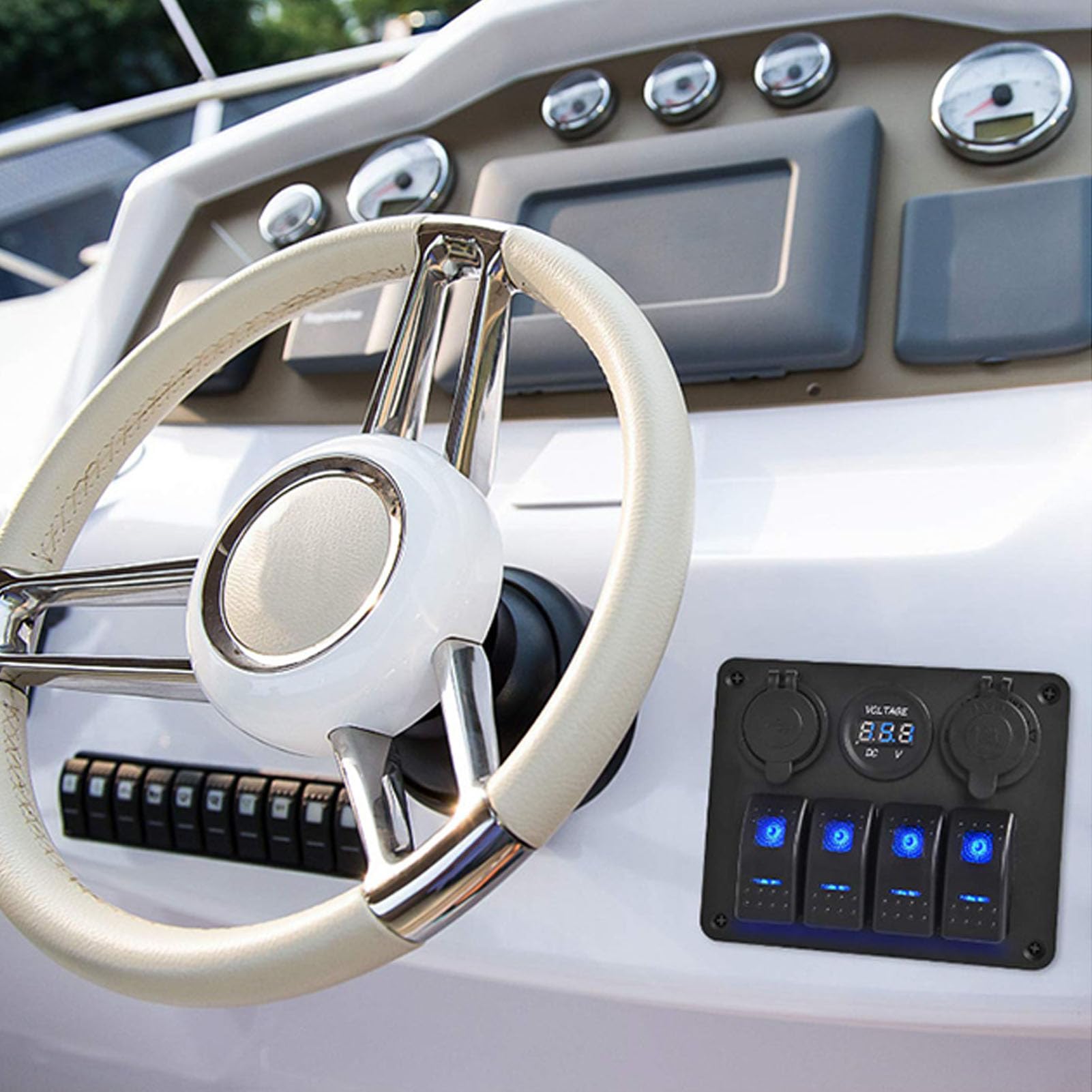 LED 4 Gang Boat Switch Pannello 12 V Voltmetro più Leggero 2 Voltmetro 2 Caricatore USB per Camions RVS Yacht (luce verde)