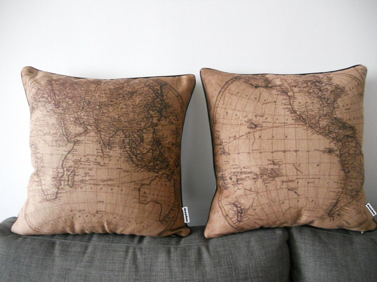 Decorbox 2 Pieces Decorative Cotton Linen Square Throw Pillow Case Cushion Cover Throw Pillow Shell Pillowcase with Black Border Map 18 "X18 "