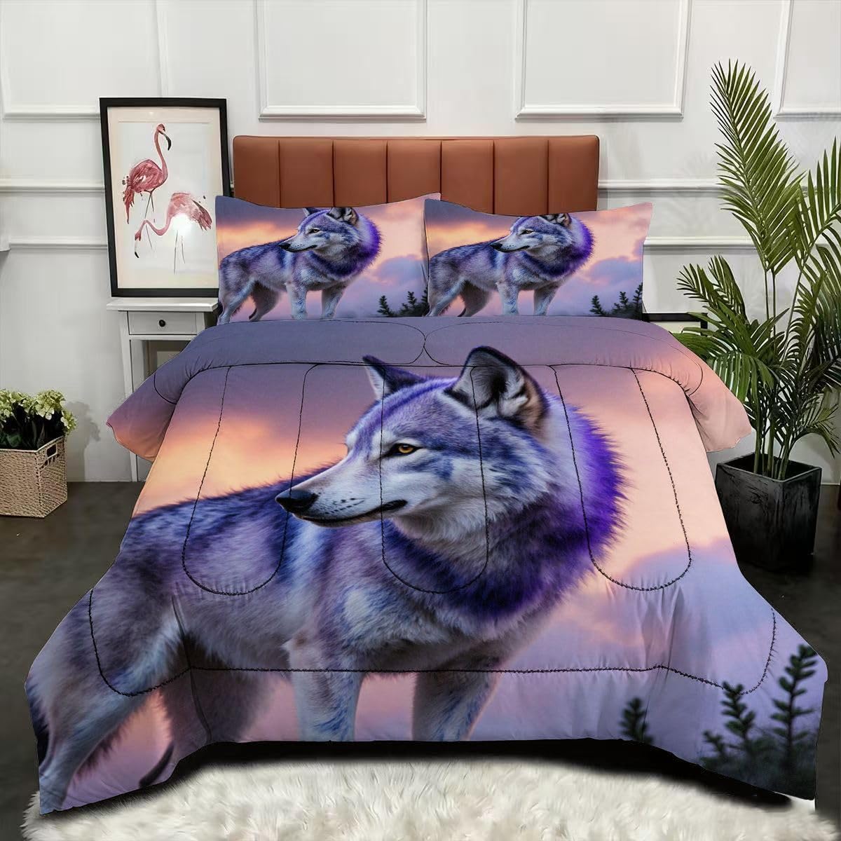 Couette 240x260 loup 3D avec 2 taies d'oreiller en microfibre