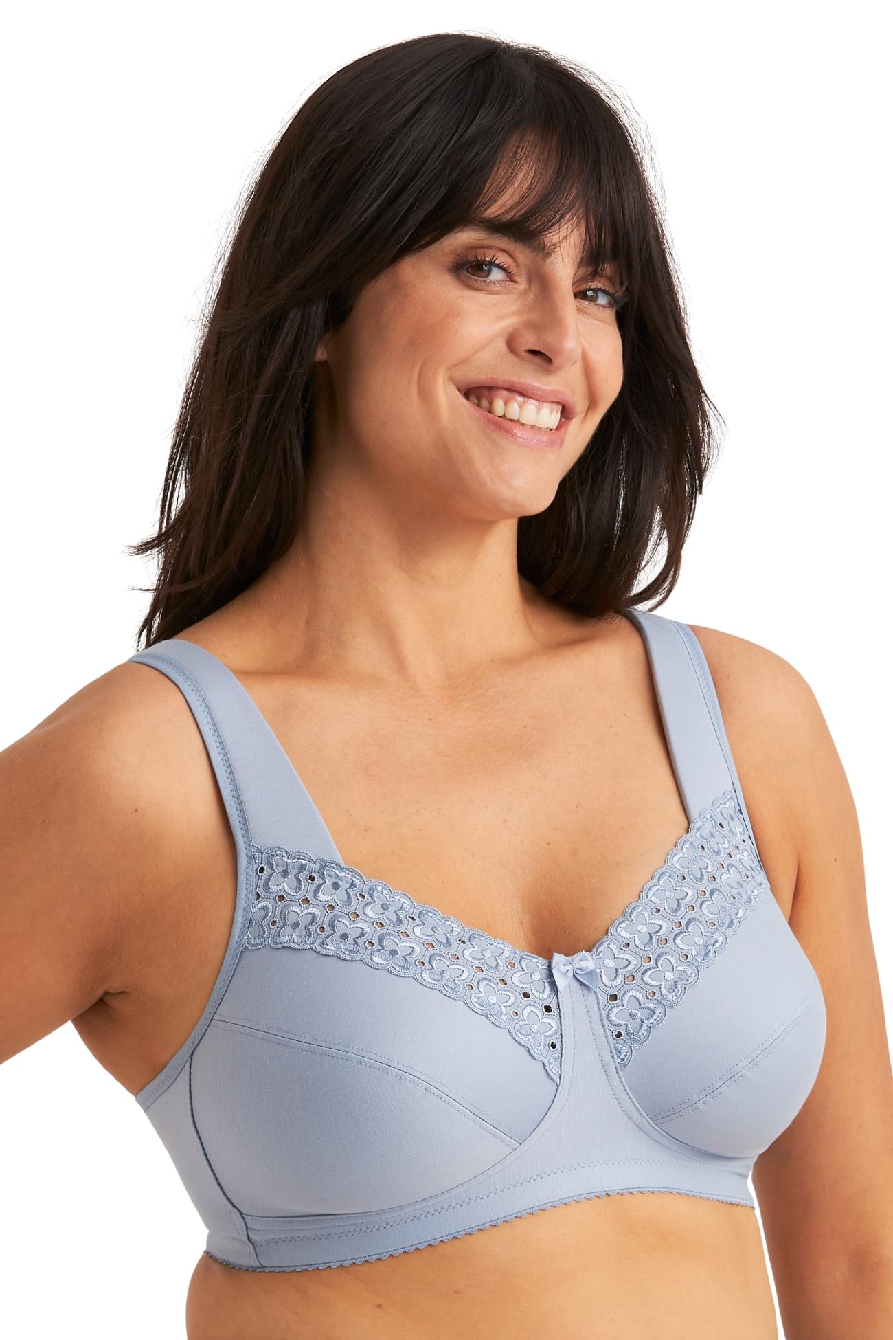 Miss Mary of Sweden Broderie Anglaise Non-Wired Bra for Women — Cotton Full Coverage Bra with Embroidery, Padded Straps, Up to I Cup, Plus Size Blue