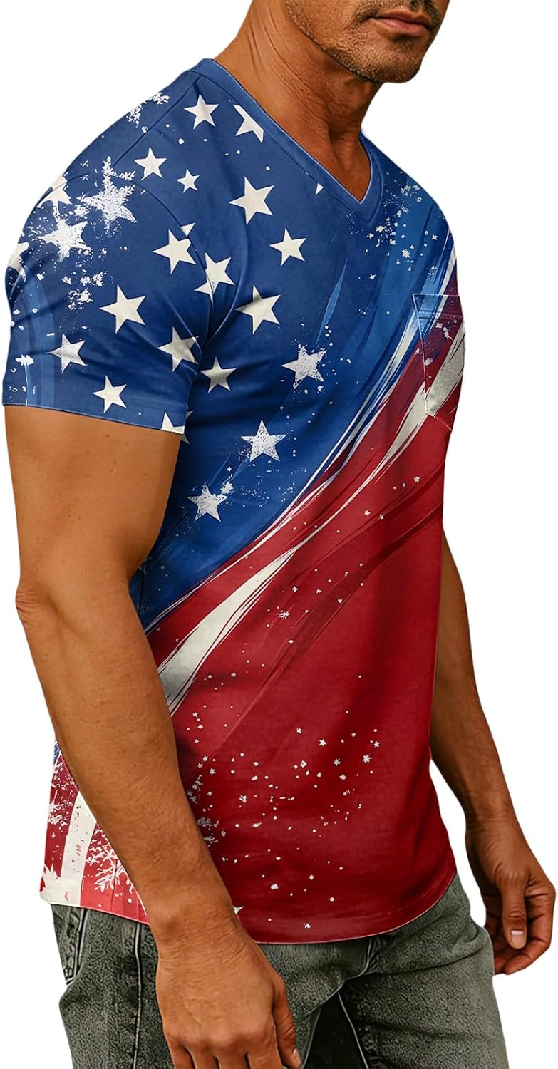 Men's American Flag Shirts, Short Sleeve V Neck Patriotic Shirt, 250 Anniversary America Tee Top, S-4XL