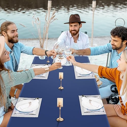Miniatura 7 de Paquete de 6 manteles de plástico desechables de color azul y dorado, 54 x 108 pulgadas, mantel rectangular de plástico desechable para graduación,