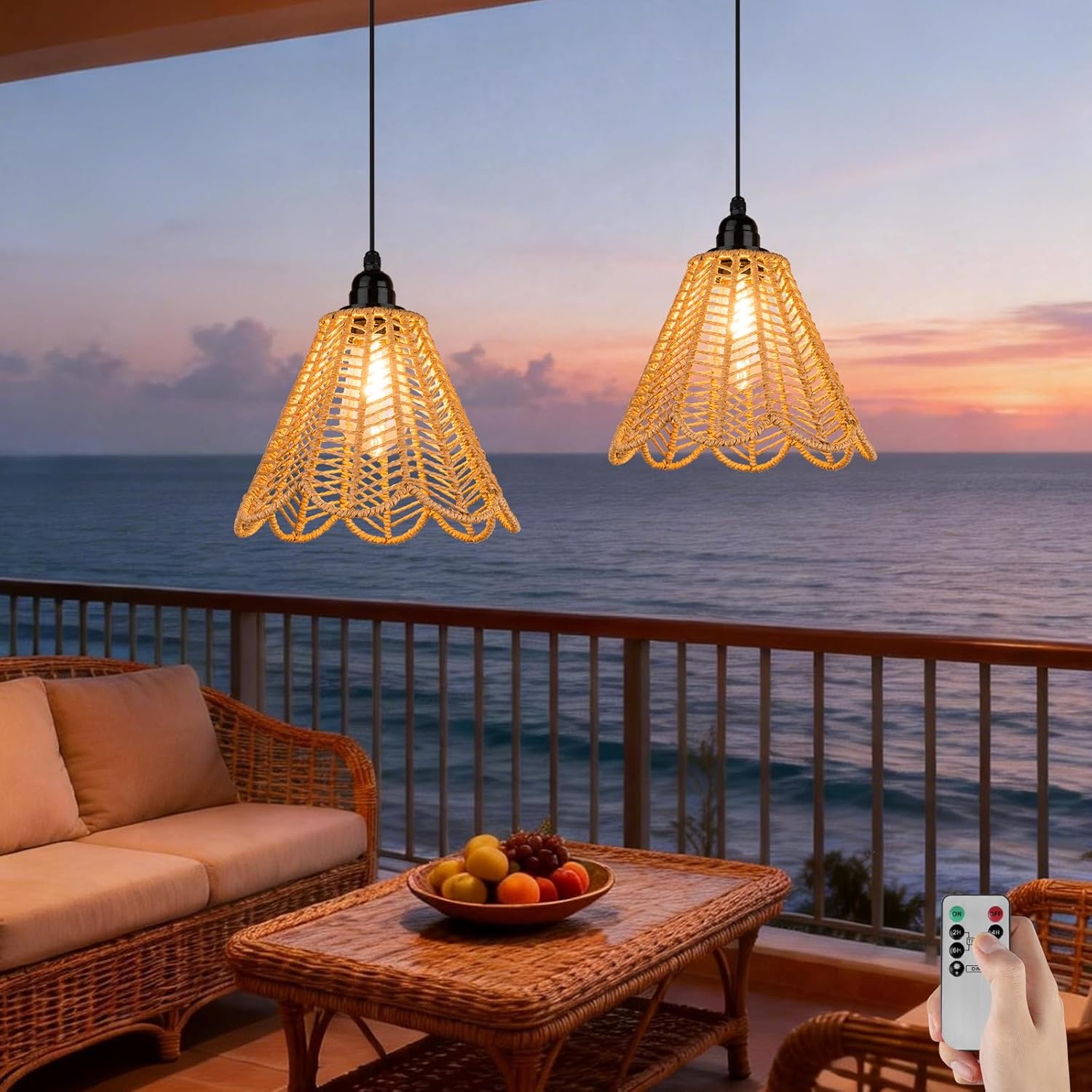 Battery Operated Hanging Outdoor Chandelier, Battery Power Pendant Light, 2 Pack Gazebo Lights Waterproof for Pergola, Porch, Balcony, Patio, Kitchen Islands, Indoor Bedroom Decor Lighting