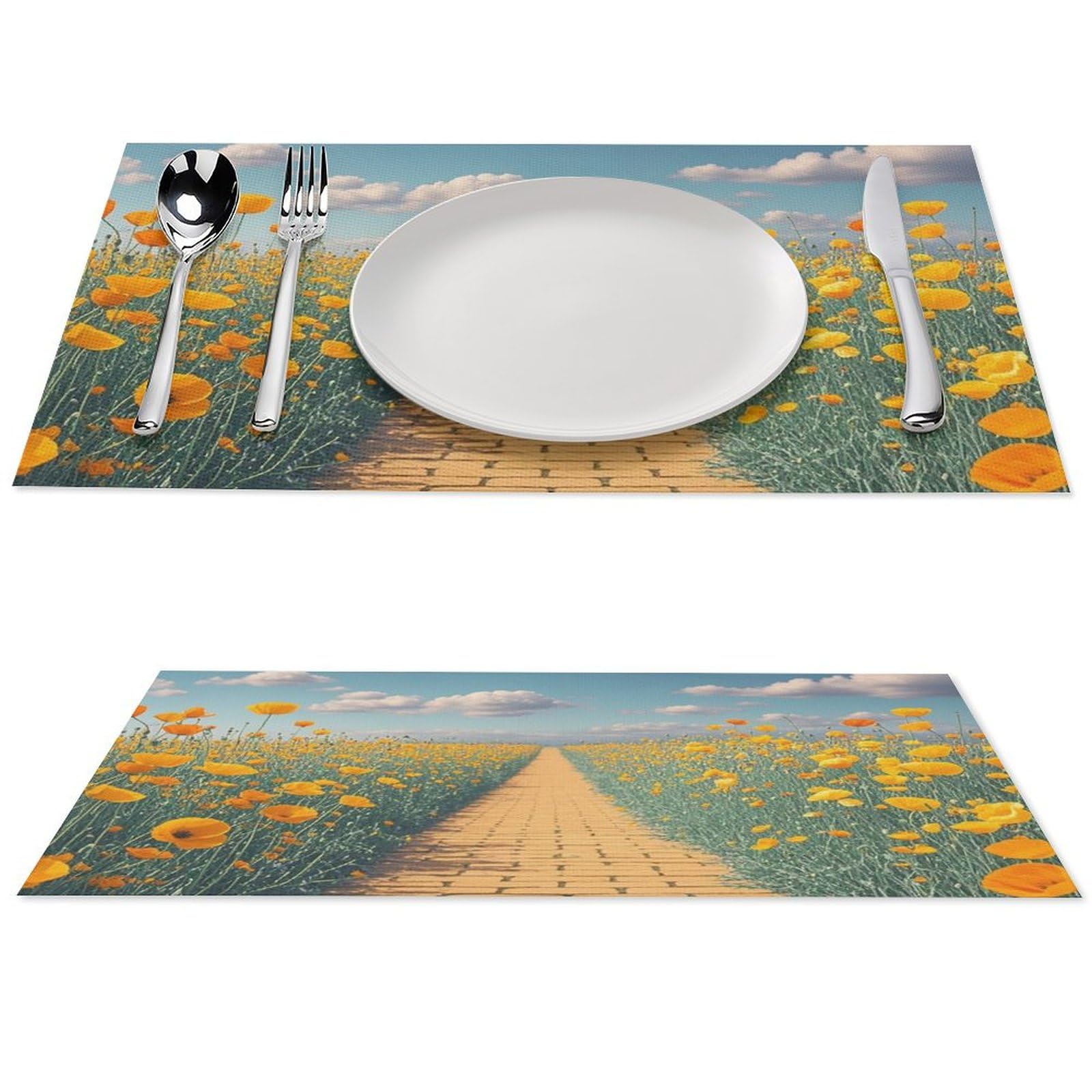 Set de table champ de coquelicots jaunes en PVC lavable et antidérapant x4