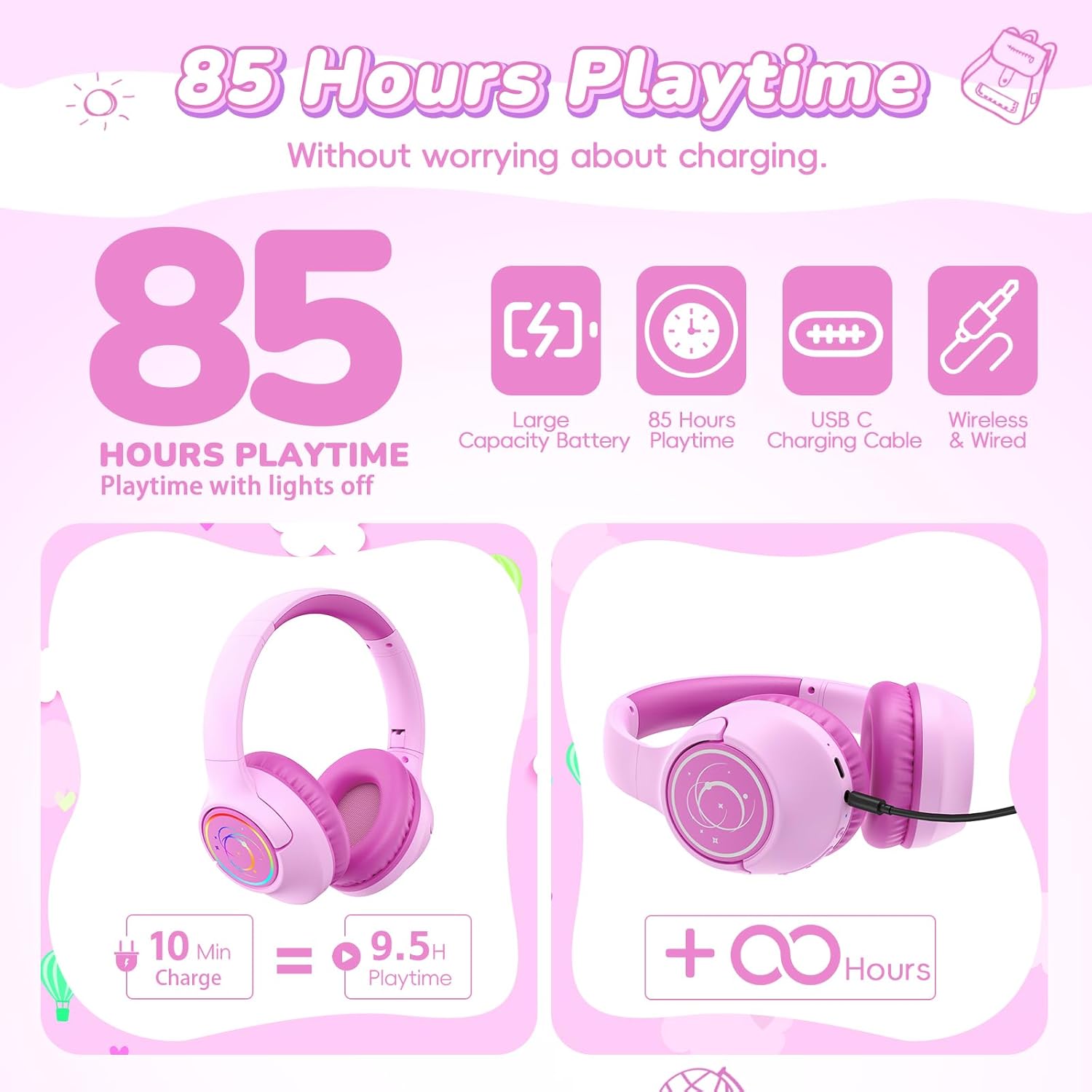Kids Bluetooth Headphones, 85H Playtime Wireless Headphones for Kids, Colorful LED Lights, 85/94dB Safe Volume Limit, Bluetooth 5.4 Built-in Mic Toddler Headset for Tablet/Airplane (Fuscia Pink)