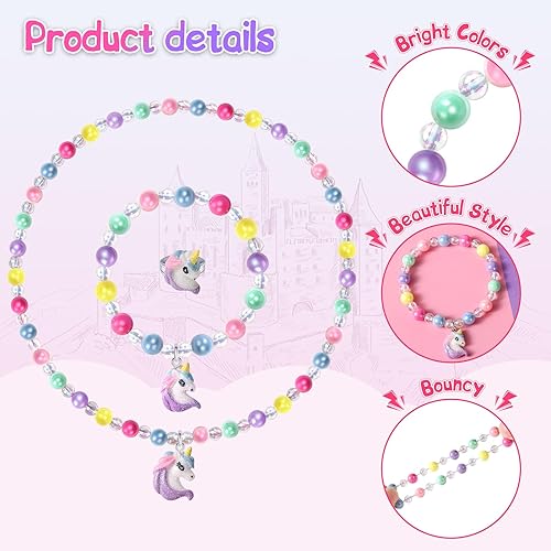 Miniatura 2 de Collar y pulseras de juego para niñas, aretes de clip, joyería de unicornio para niños pequeños, juego de collar de unicornio para niñas pequeñas,