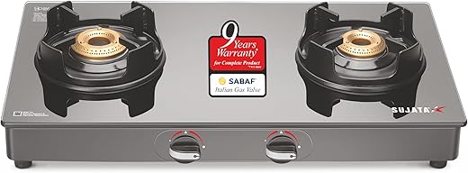 Sujata Deluxe Gas Stove | 9 Years Warranty | Stove 2 Burner, 2 Burner Gas Stove Glass Top, Manual Ignition, SABAF, ISI Certified, LPG & PNG…