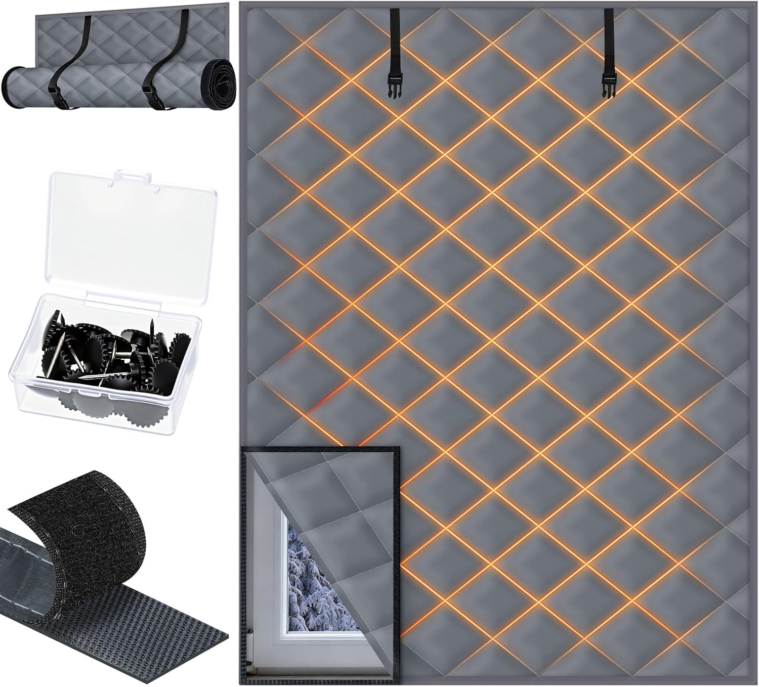 2 Pcs 63 x 39 Inches Window Insulation Curtain Kit Winter Thermal Window Cover with Fastener Oxford Cloth 2 Layer Thick Cotton Filled Loop Strips Insulation Kit for Keeping Warm (Dark Gray)