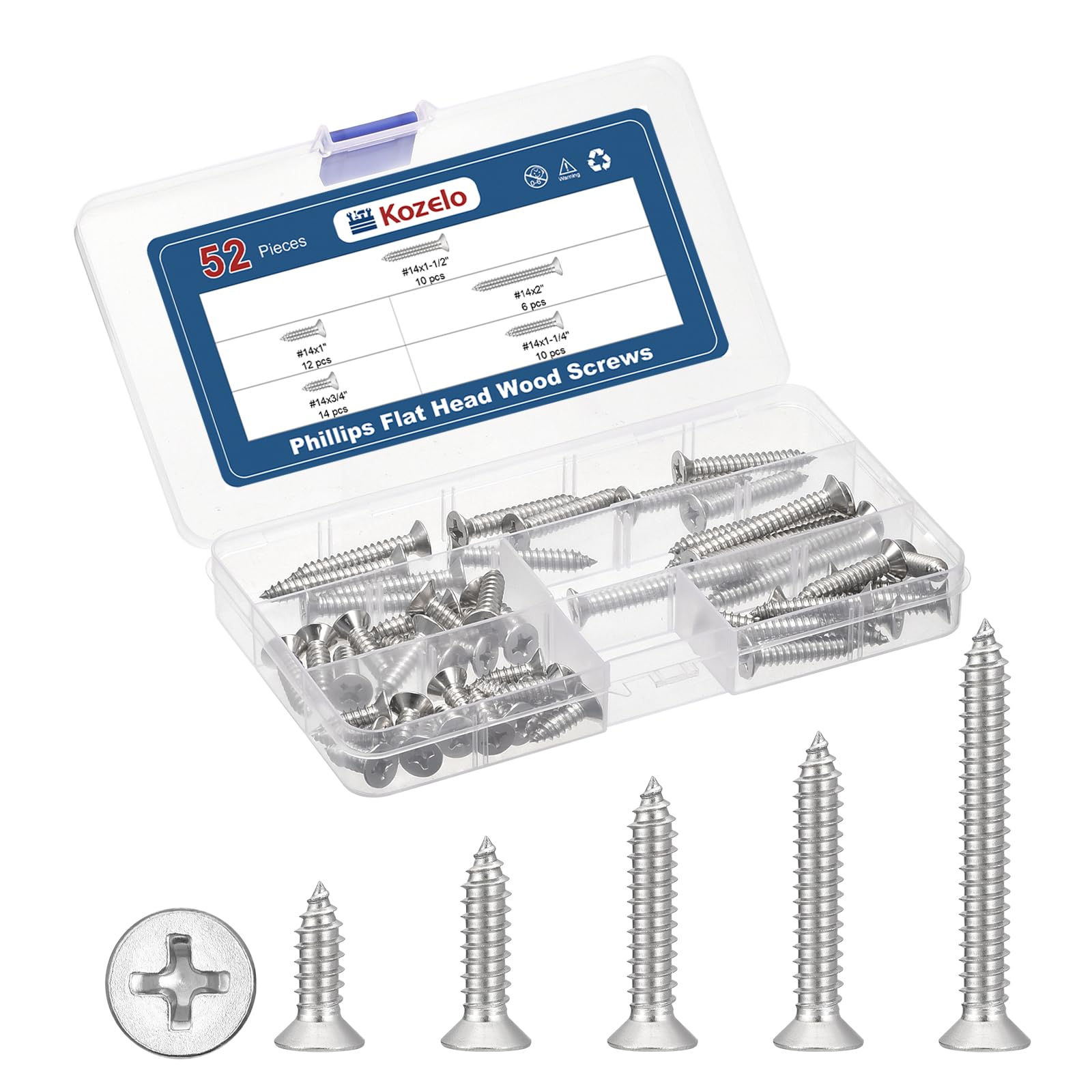 Kozelo 52Pcs Phillips Flat Head Wood Screws Assortment Kit - [#14x3/4" to 2"] 304 Stainless Steel Countersunk Self Tapping Screws, Silver