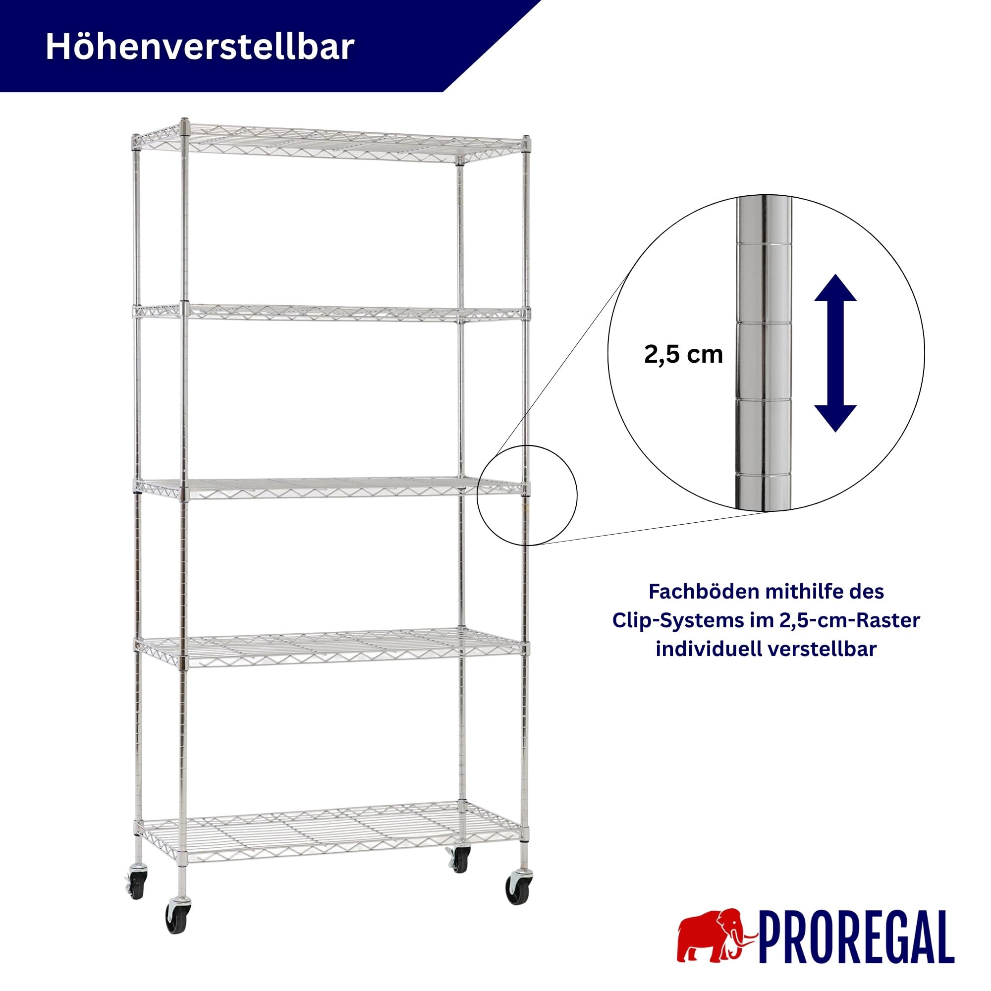 PROREGAL Mega Deal 2X Gitterregal Hades mit Rollen & 5 Gitterböden Metall 180x90x40cm Fachlast 75kg Metallregal Chrom Drahtregal Schmal Silber Küchenregal Aufbewahrungsregal