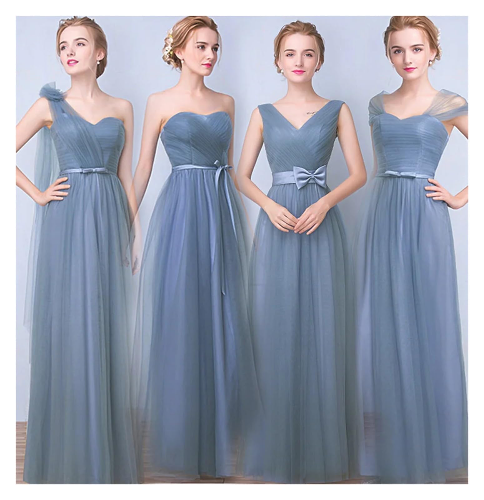 VFIDPSU Robes Demoiselle d'honneur Robe de Demoiselle d'honneur élégante Simple, Gris Bleu, 4 Styles, sans Manches, Classique, en Tulle, Ceinture en Satin, nœud à Lacets, Ligne a(Grey Blue D,16)