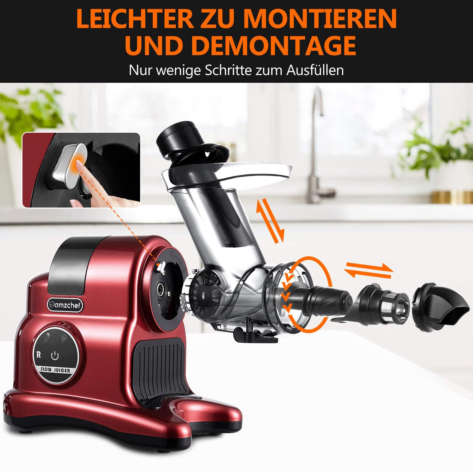 AMZCHEF 80MM Exprimidor grande - exprimidor lento con 2 velocidades y función de rebobinado - Exprimidor de 150 W para verduras y frutas enteras Test Winner -Rojo