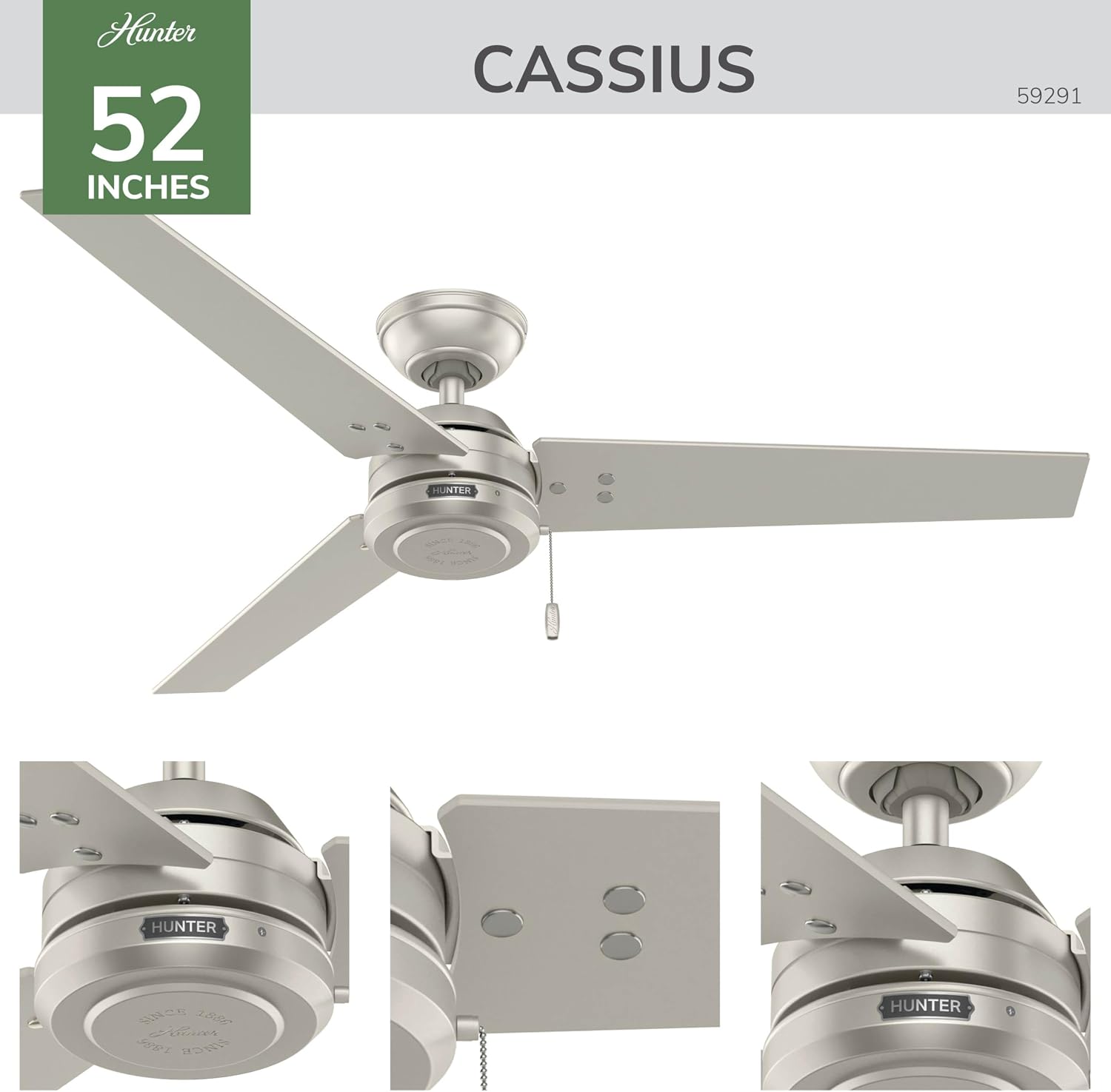 Hunter 52 inch Indoor/Outdoor Ceiling Fan, Cassius Matte Nickel Ceiling Fan, 3 Speed WhisperWind Motor, 59291, for Patios, Bedrooms, or Living Rooms