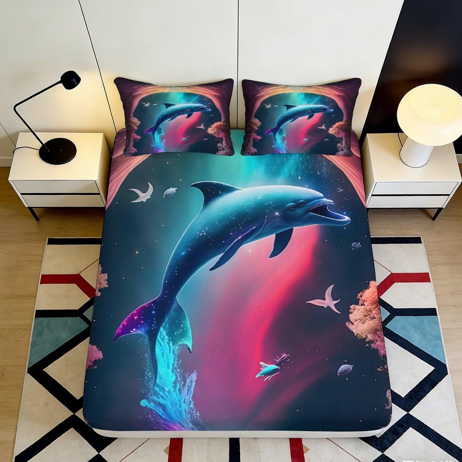 3D Printed Dolphin Ocean Fitted Sheet Microfiber Anti-Slip Mattress Cover Machine Washable Bedroom Decor UK 90x200x25cm