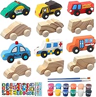 Vista 1 de Autos de madera para pintar para jóvenes, vienen con 12 autos de madera para 12 piezas de pigmentos de color y 1 calcomanía de estilo de automóvil