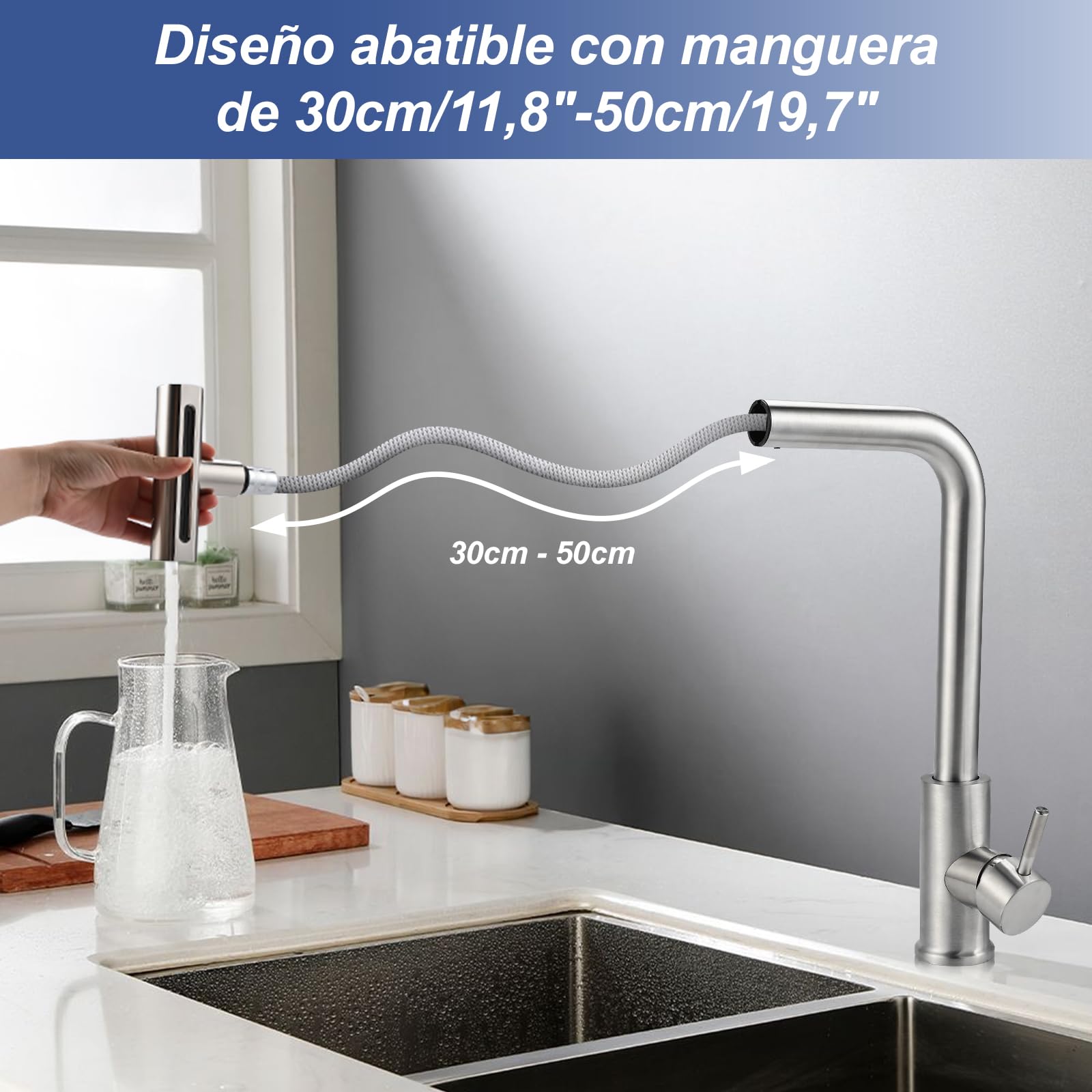 Cieex Grifo Cocina Extraible Conjunto de Grifo Cocina Con Manguera et Cinta De Teflon Grifos Monomando Cocina Fregadero de Acero Inoxidable 4 Modos de Rociador