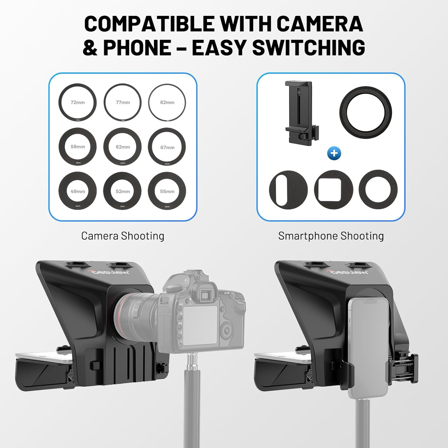 Desview T5 Teleprompter for Smartphone/11'' Tablet/DSLR, 49-82mm Adapter Rings, Durable Coated Glass, Bluetooth Remote & Free APP, for Live Streaming/YouTube/Vlogging/Video Recording