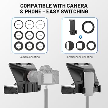 Desview T5 Teleprompter for Smartphone/11'' Tablet/DSLR, 49-82mm Adapter Rings, Durable Coated Glass, Bluetooth Remote & Free APP, for Live Streaming/YouTube/Vlogging/Video Recording