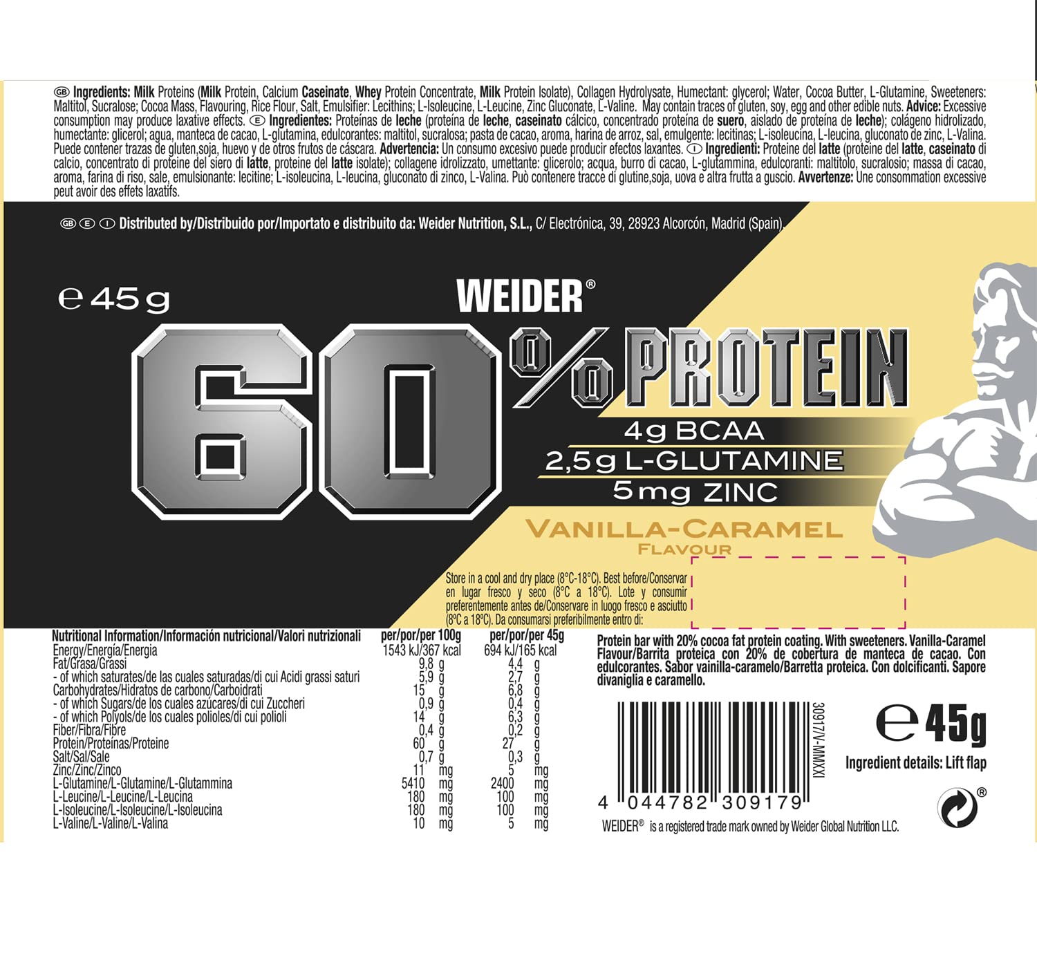 Weider Nutrition 60% Protein Bar Vainilla Caramelo 24 x 45 gr. La barrita con más proteína del mercado. Con 4 g de BCAAs por barrita, Negro