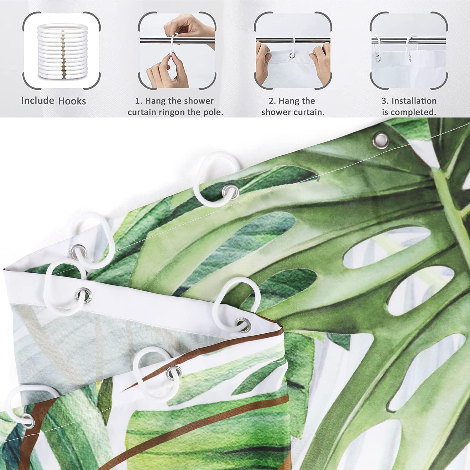 Tropical Plants Shower Curtain, Green Botanical Palms Monstera Leaf Gold Banana Leaves Bathroom Curtain Home Decor Waterproof Fabric Machine Washable with 12 Hooks