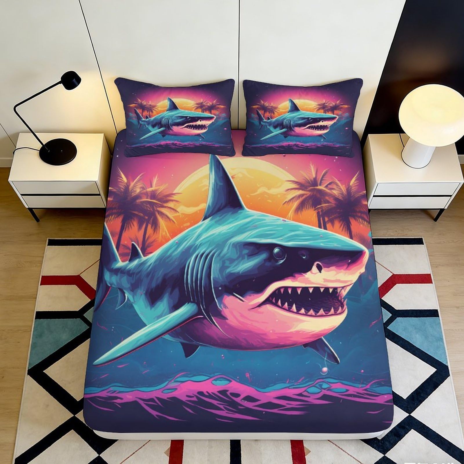 3D Printed Shark Sunset Fitted Sheet Microfiber Vibrant Ocean Bed Cover for Bedroom Guest Room Mattress Protection 90x200x25cm
