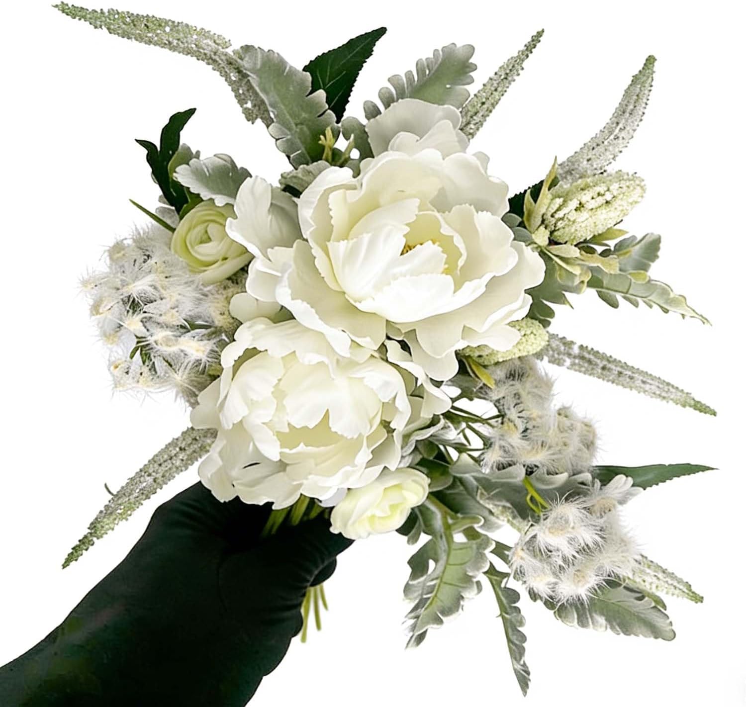 2 White Fake Flower Bouquets Mixed with White Tulip Peony and Greenery Stems, Artificial Flowers for Indoor Outdoor Home Office Table Centerpiece Decor, Wedding Bridal Farmhouse Decor