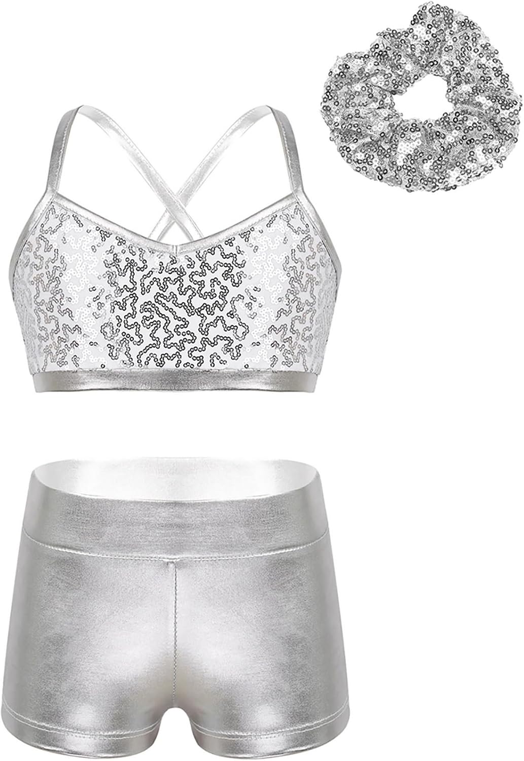Girls 3 Piece Dance Outfit Sequins Tank Top Bra with Shorts Hair Tie Set Gymnastics Tracksuit