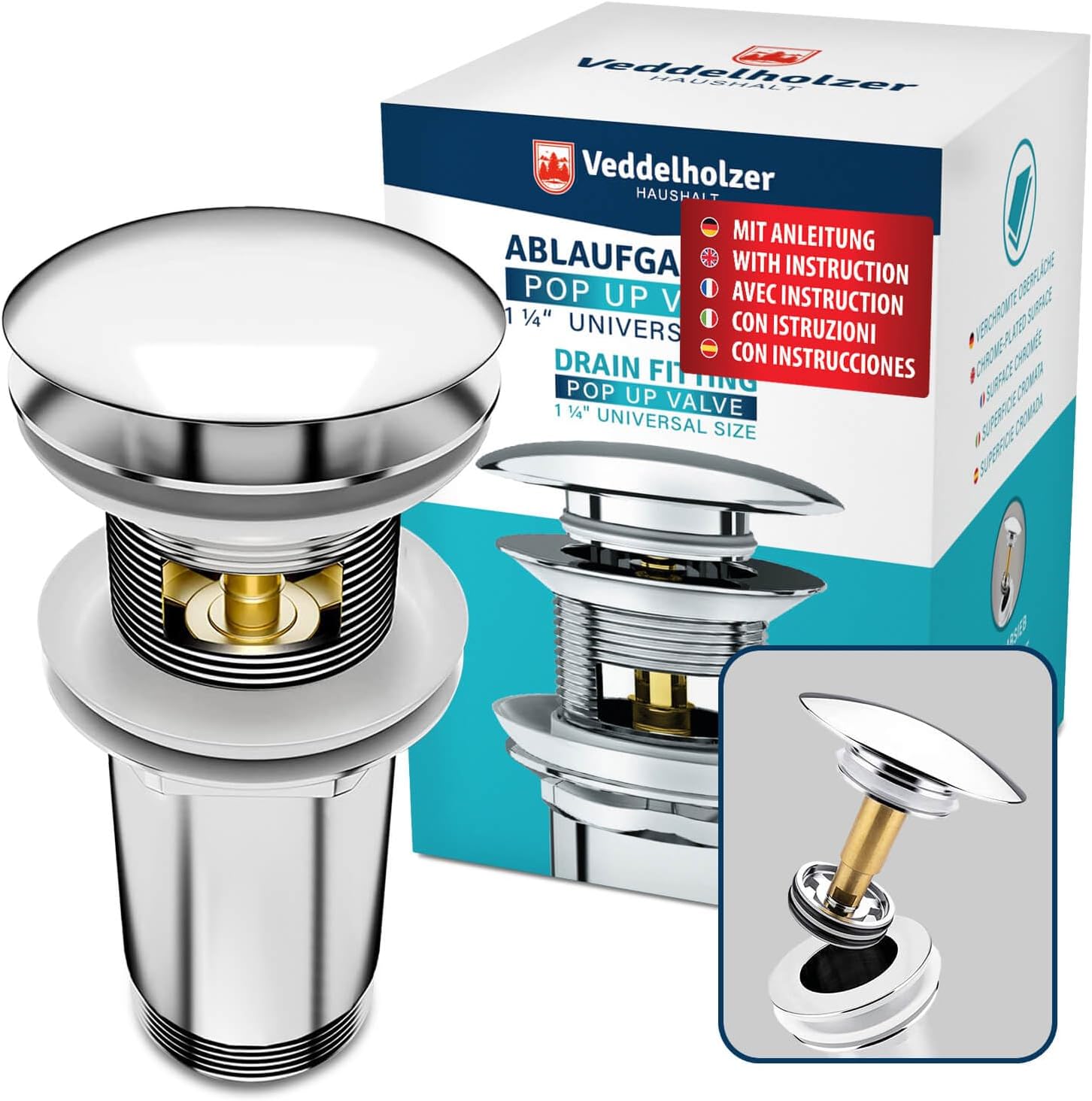 Veddelholzer Premium Chrome Universal Sink Set Can be used as a drain plug, sink plug and sink drain valve with overflow. Includes hair sieve.