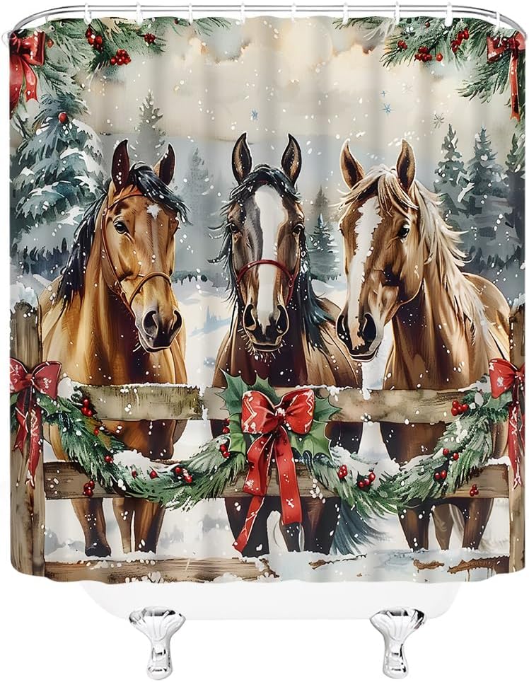 Farmhouse Horse Shower Curtain Merry Christmas Horse Family Xmas Pine Tree Snowflake Forest Rustic Wooden Fence Winter Holiday Nature Scene Bathroom Decor Curtains Polyester with Hooks