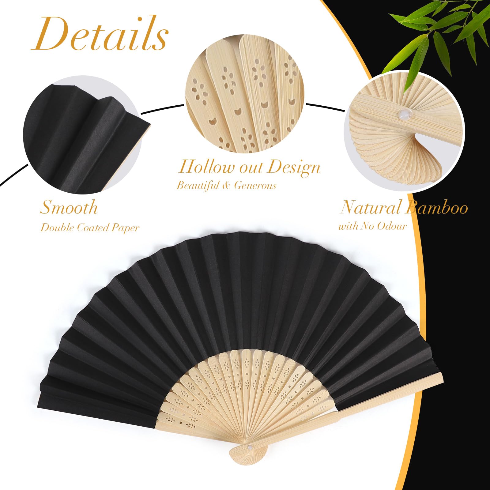 SWAWIS 28 Pièces Eventails en Papier Noir, Éventails Pliants Pliable avce 30 Sacs en Organza & Cartes de Remerciement, Éventail Mariage pour Baptêmes Décorations de Fêtes DIY, Eventail