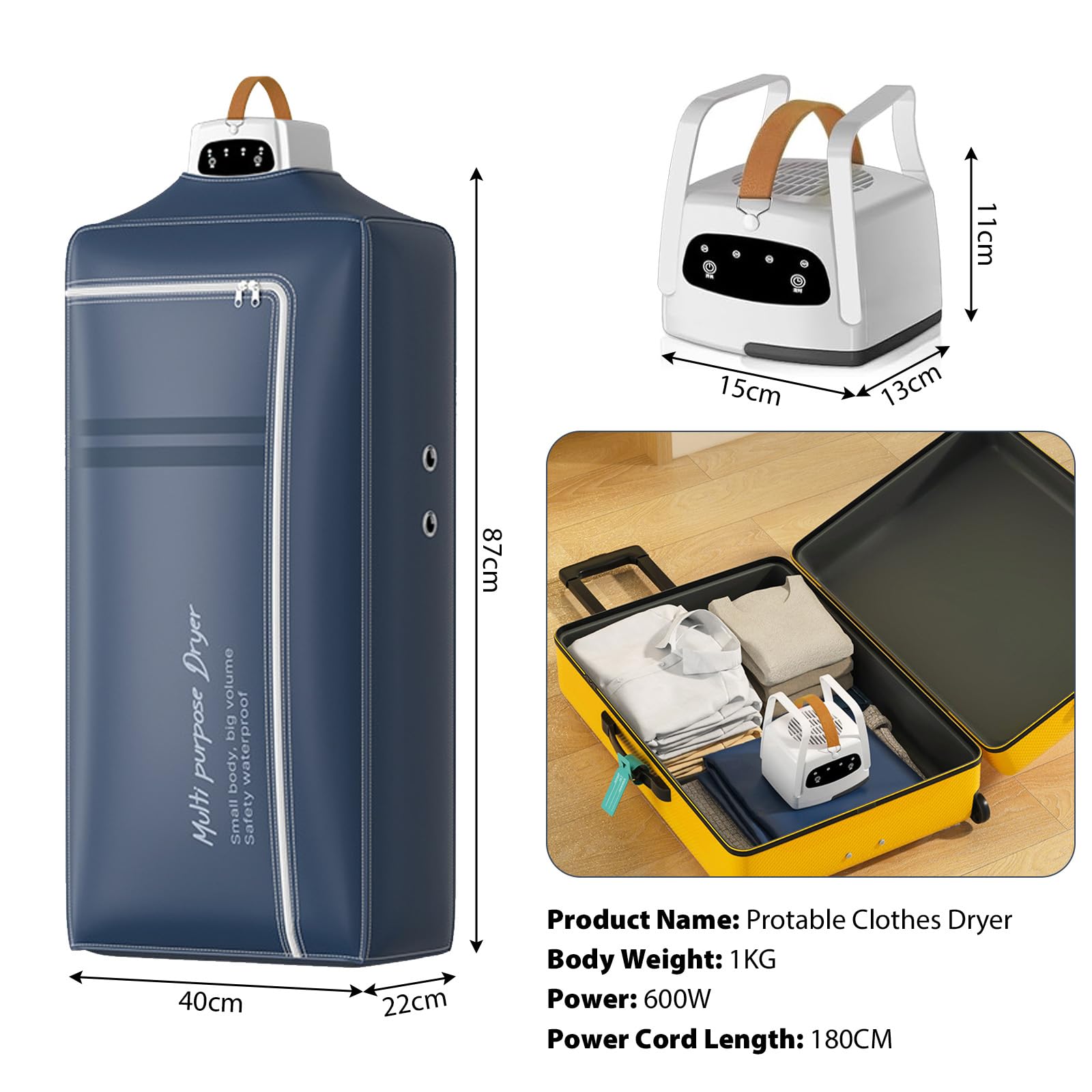 Petit séchoir à linge portable, pliable, avec minuterie de 1 à 4 h, sèche-linge, électrique, avec sac de séchage, séchage à 360 °, mini sèche-linge pour appartement, maison, voyage