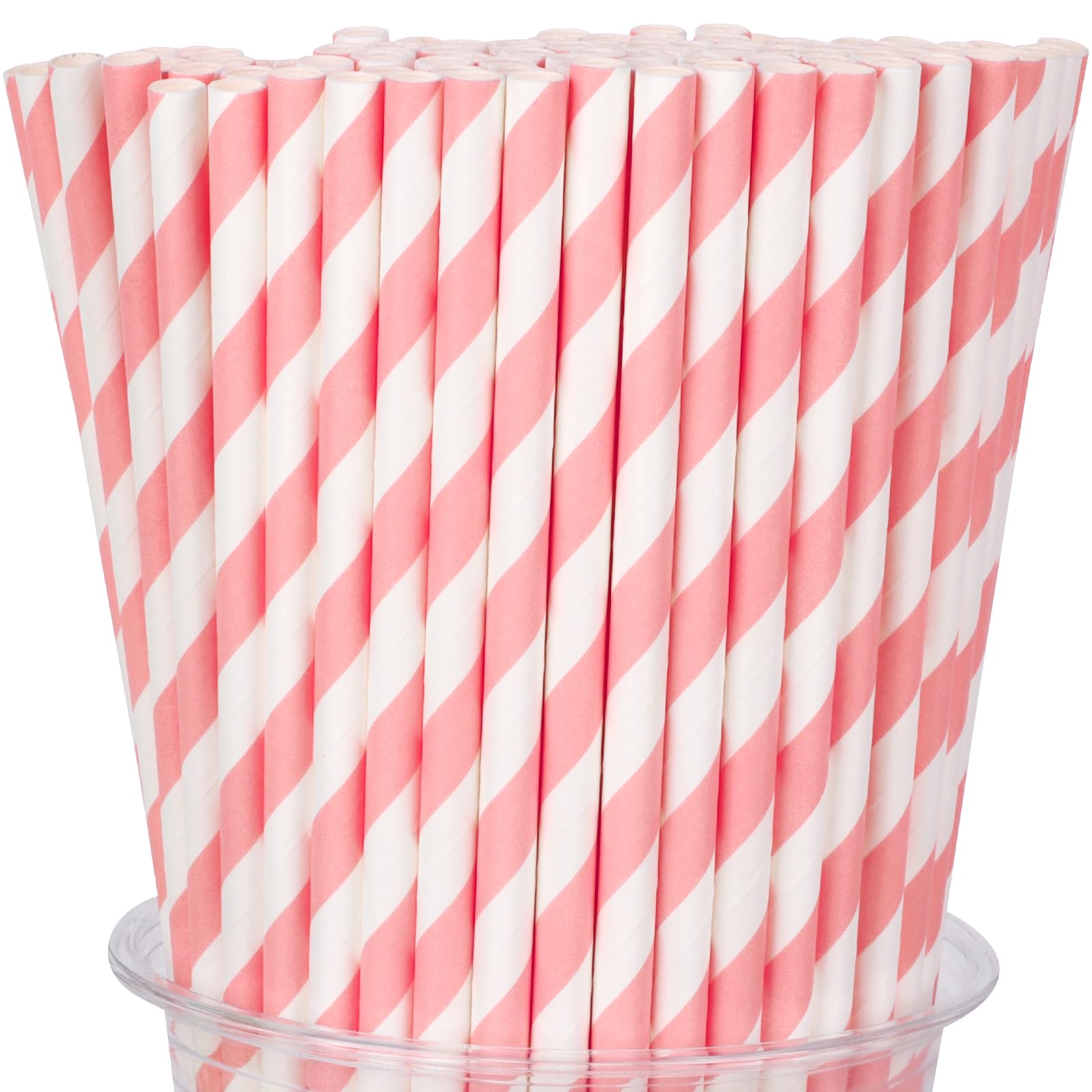 Photo 1 of 100 Packs Pink Biodegradable Striped Paper Straws, Disposable Drinking Straws for Birthday Carnival Summer Pool Party Wedding Baby Shower Halloween Christmas Party Decoration Supplies