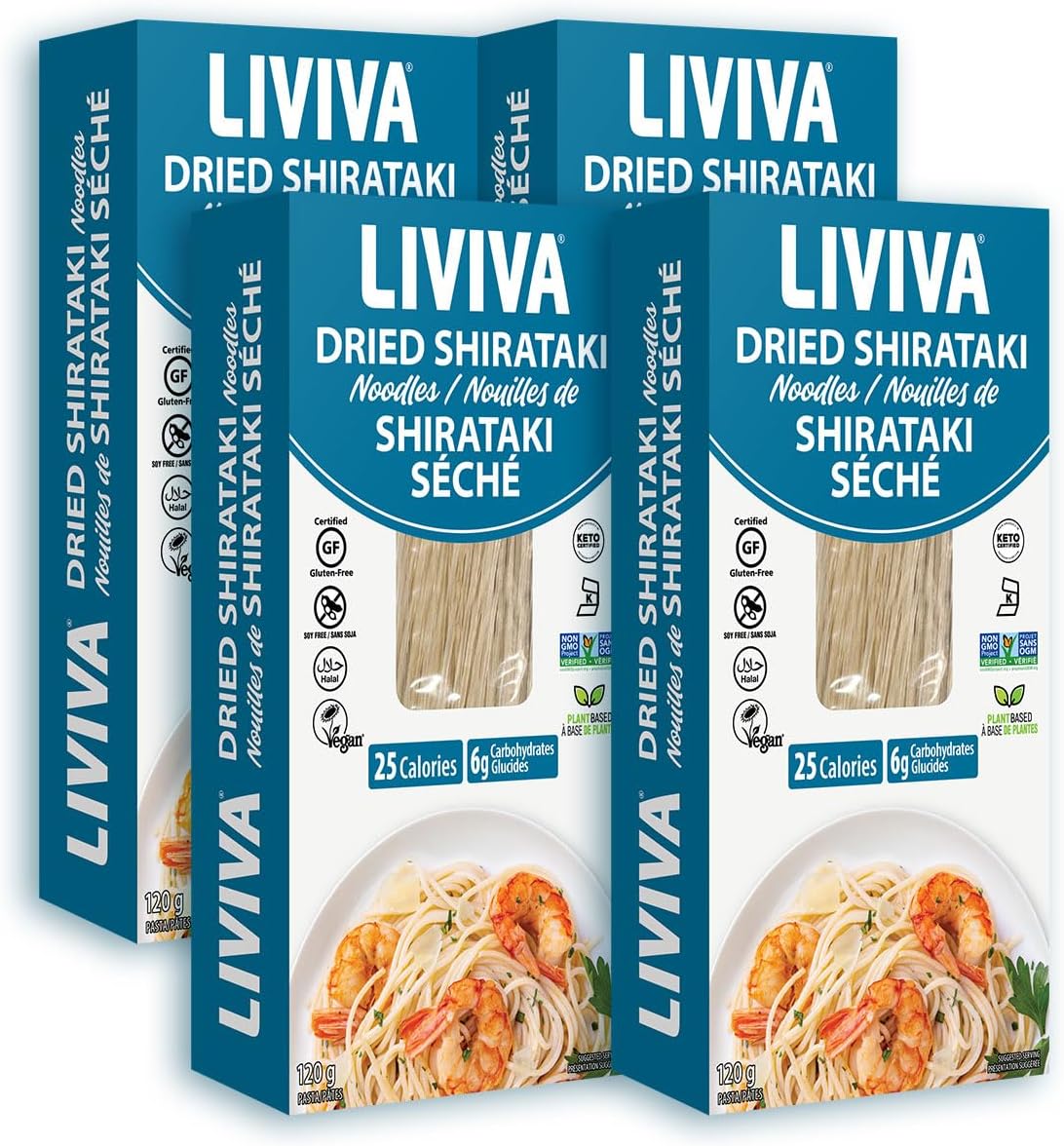 LIVIVA Dried Shirataki Low Carb Plant-Based Gluten Free Pasta – Konjac Noodles - Taste & Cook like Regular Spaghetti & Rice – Diabetic-Friendly, Low Calories, Vegan, Halal, Kosher, Non-GMO, Plant-Based (4 Pack, Noodle)