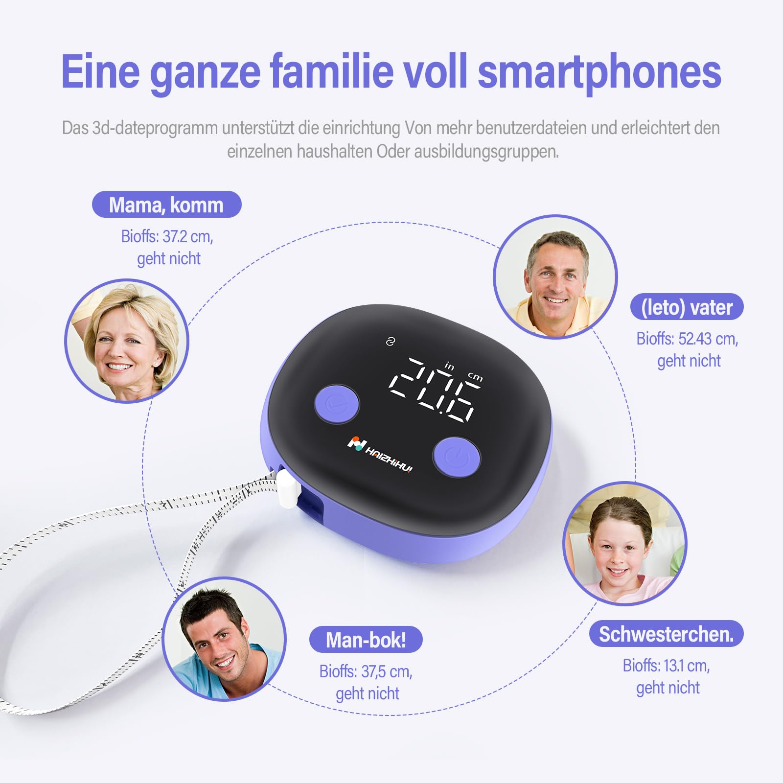 Fitdays Mètre Ruban Intelligent | Analyse du BMI/Graisse Corporelle via Bluetooth & Écran LED | Rétractable Automatique pour Fitness/Perte de Poids | App Fitdays & Design Ergonomique (ER307-Pourpre)