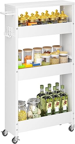 Miniatura 8 de Carrito de almacenamiento delgado, de 5 pulgadas de ancho, carrito rodante de 4 niveles en color blanco con asa y parte superior de madera para