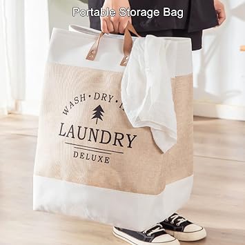 Laundry Hamper Large, Laundry Basket Organizer, Collapsible Dirty Clothes Basket with PU Leather Handle, Linen Clothes Hamper for Storage Toys and Clothing in Bedroom, Bathroom(Beige)